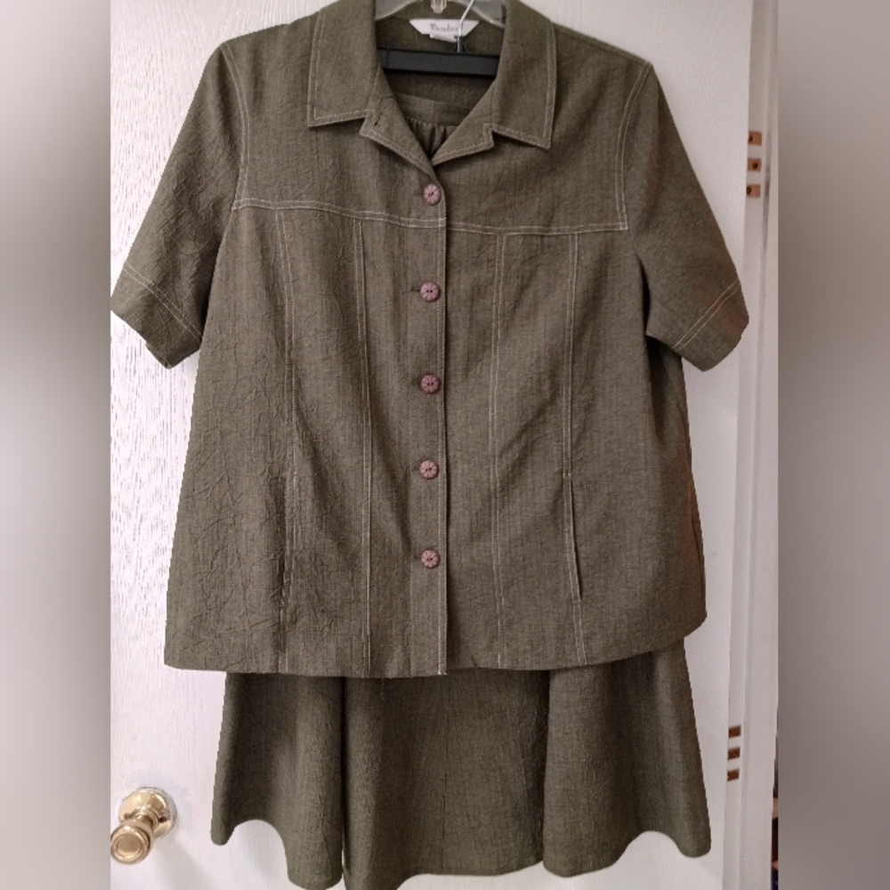 TanJay Top/ Midi skirt Set Olive Green Women Sz 16 Like New